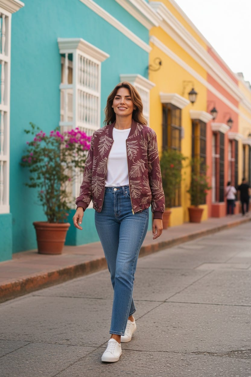 Bomber bordada diseño hojas