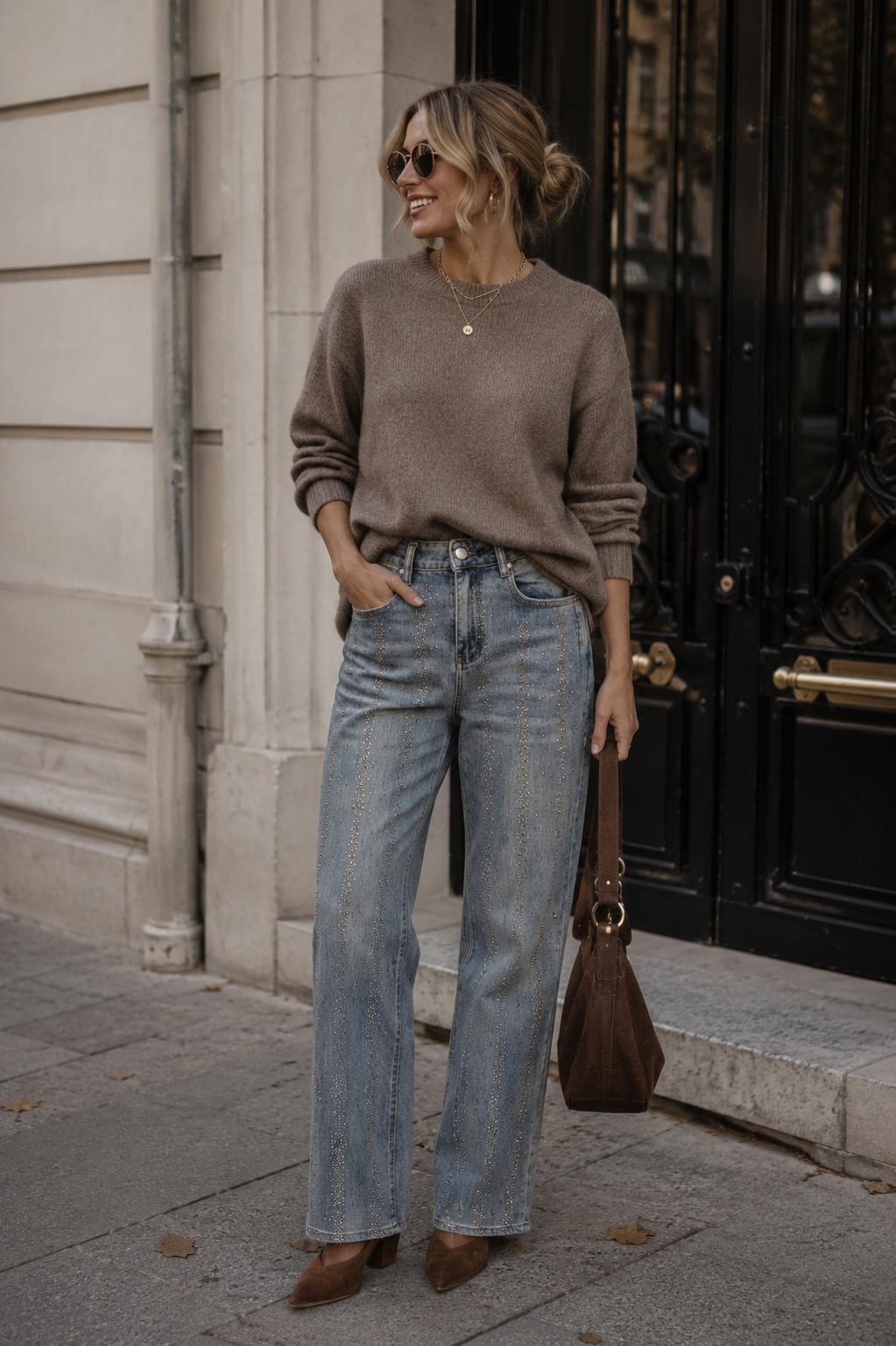 Jeans Wide Leg  strass vertical 