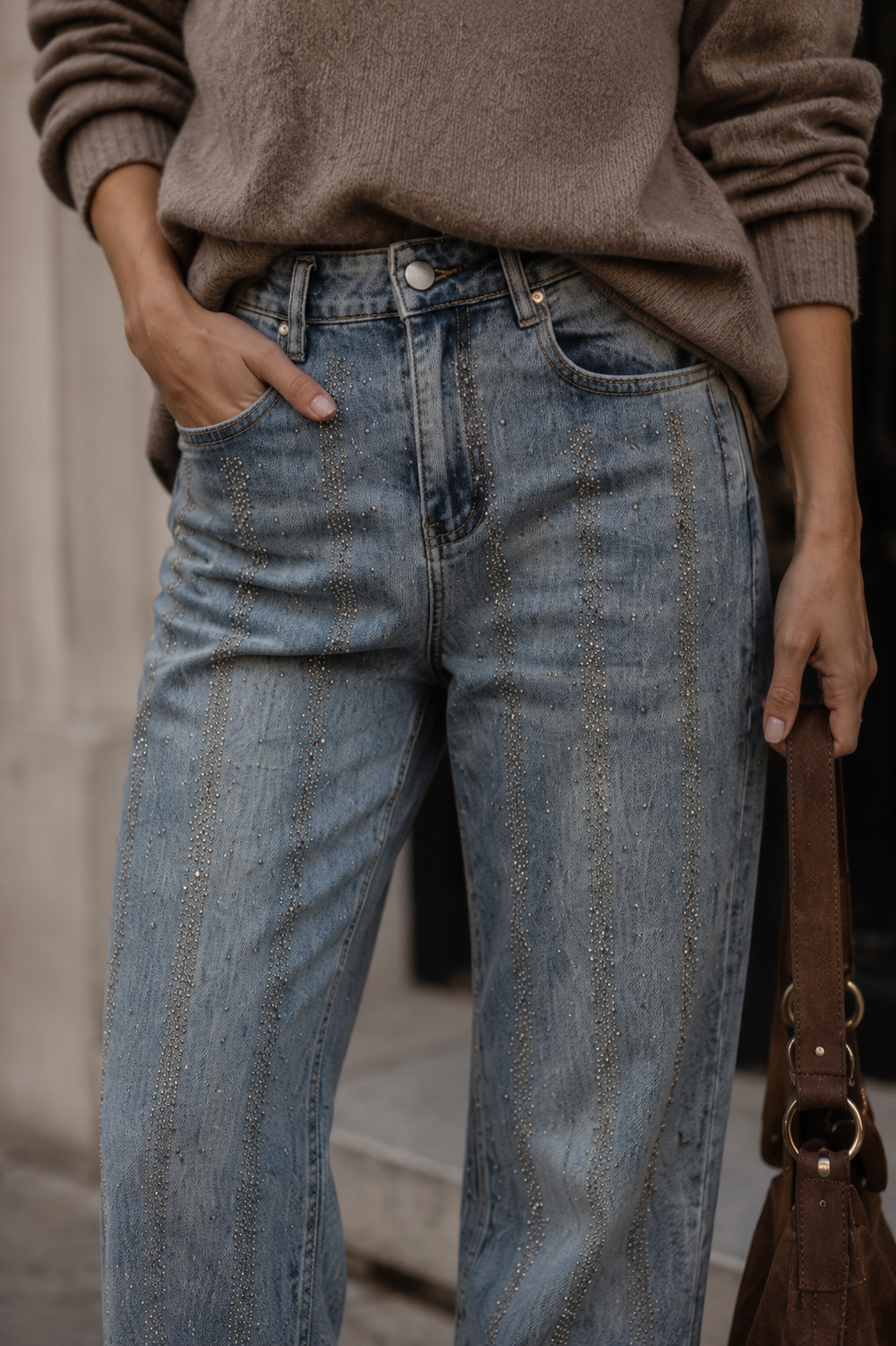 Jeans Wide Leg  strass vertical 