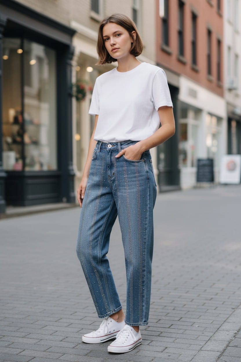 Jeans Wide Leg  strass vertical 