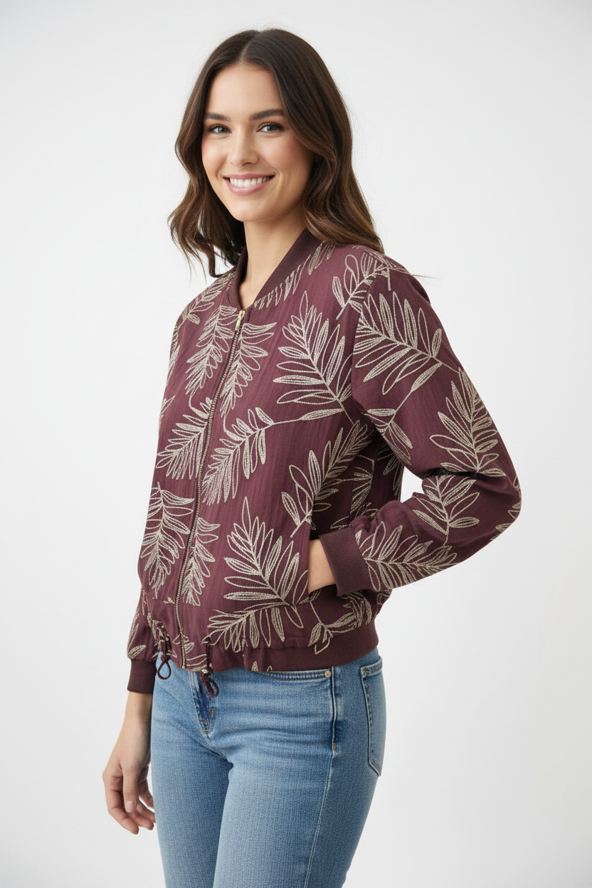 Bomber bordada diseño hojas