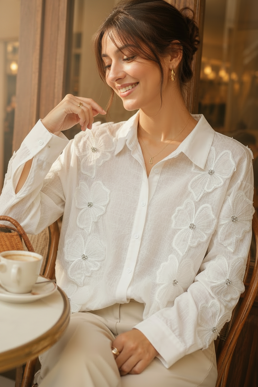 Camisa transparente flor strass